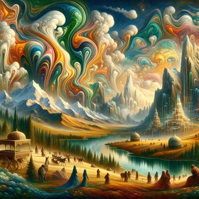 The primary subject of the image is a painting featuring a group of people, horses, and a castle. The setting is a fantasy world with a castle in the background and a body of water nearby. The visual style is a digital art or illustration, with vibrant colors and a lively atmosphere.